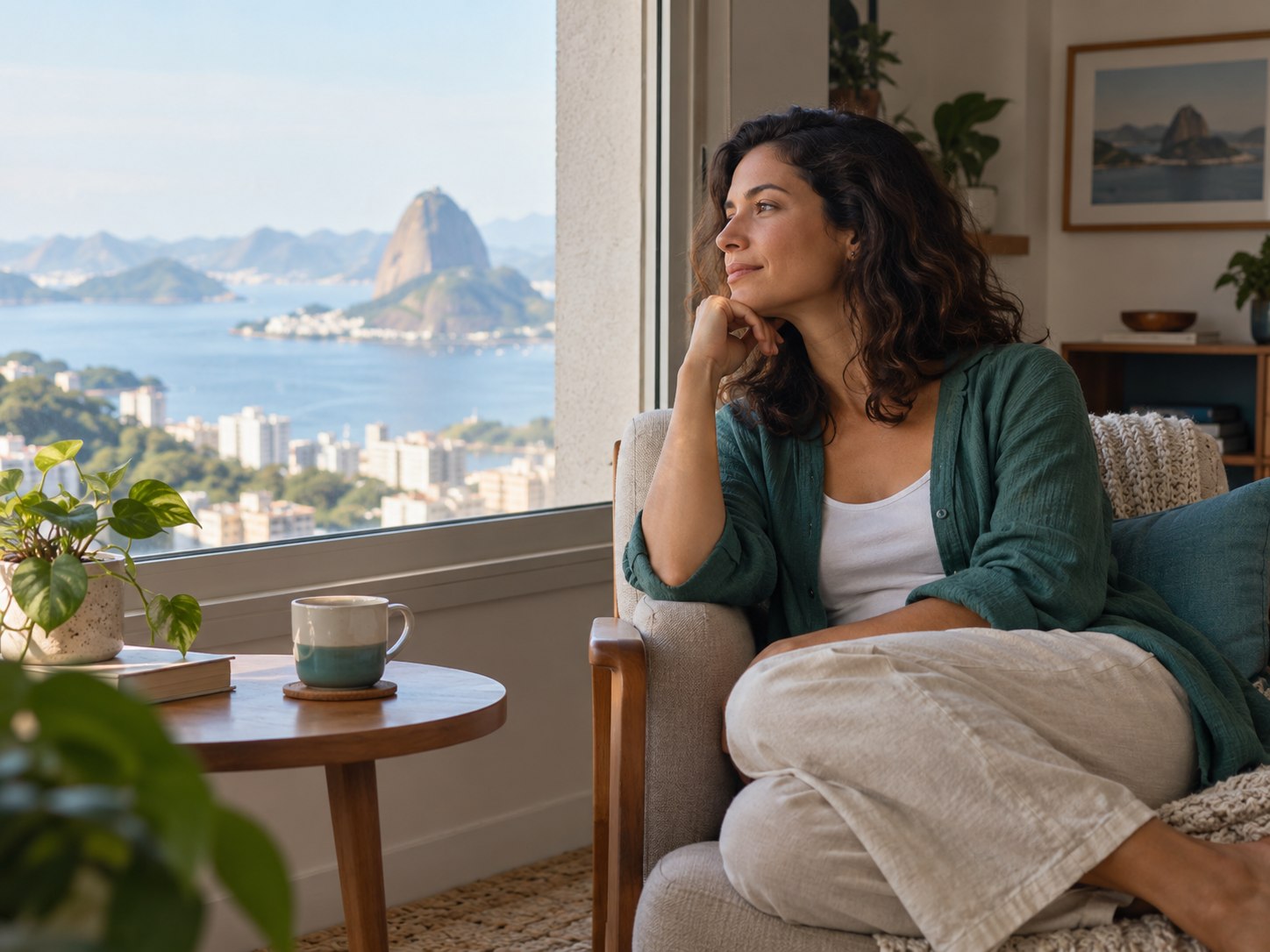 Mulher em um momento de reflexão junto à janela, em ambiente tranquilo