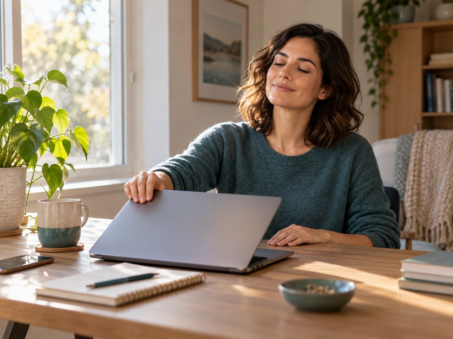Mulher encerrando o trabalho no computador e fazendo uma pausa em casa